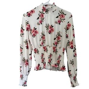 Floral Mock Neck Smocked Blouse woman’s L